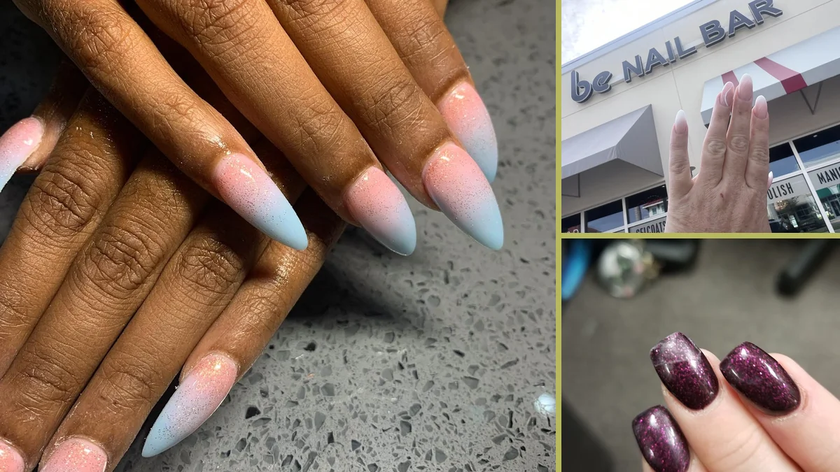 Nail salon stations with polished manicure tools.